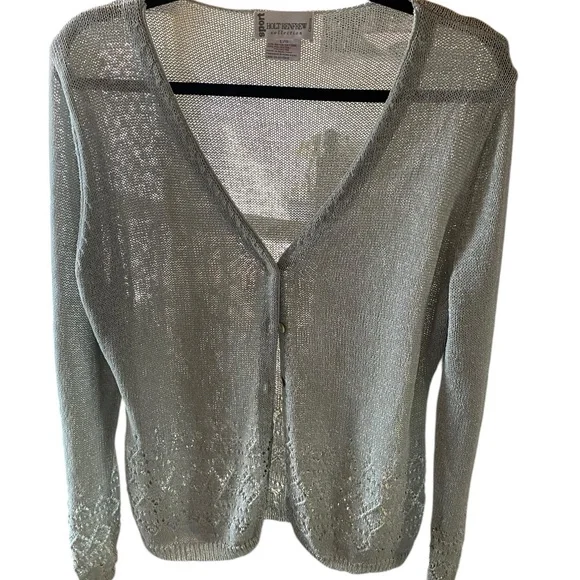 Light Green Openwork V-Neck Cardigan Sweater - Picture 4 of 6